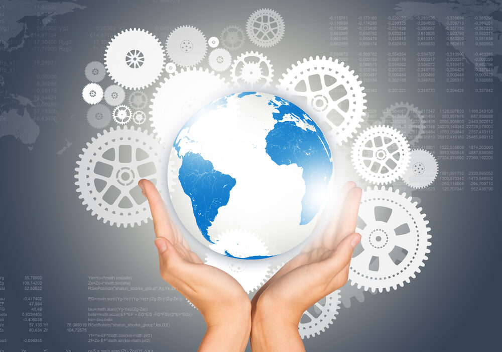 Womans,Hands,With,Planet,On,Abstract,Background,With,Cog,Wheels